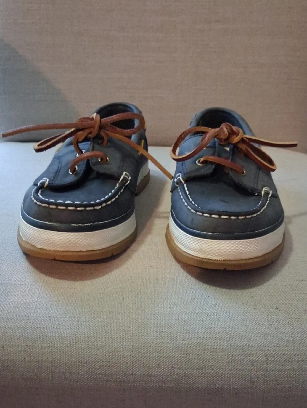 G.H. Bass & Co. Navy Leather Boat Shoes with Tan Laces